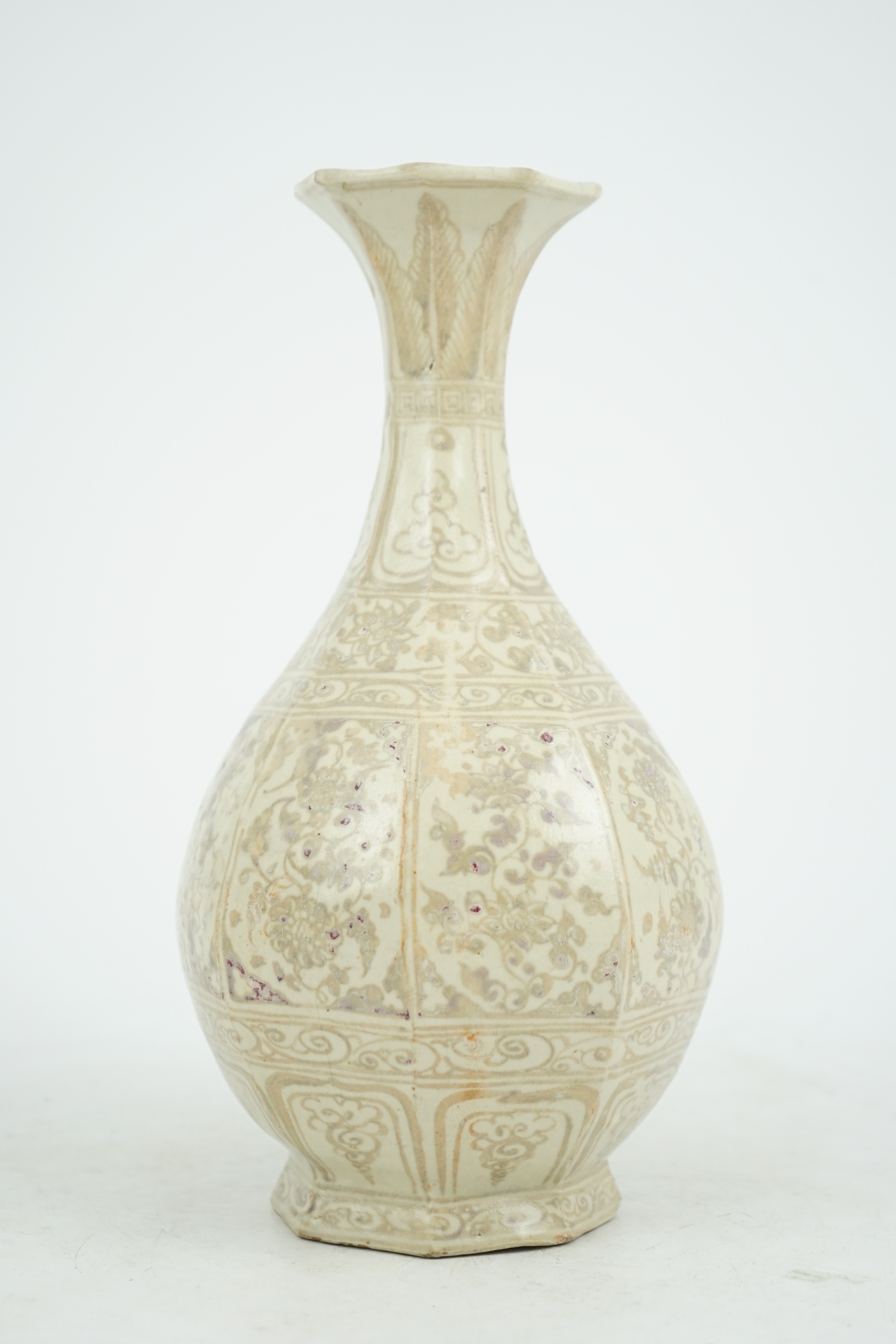 A Chinese underglaze copper red octagonal bottle vase, yuhuchunping, possibly Yuan or Hongwu period, Ming dynasty